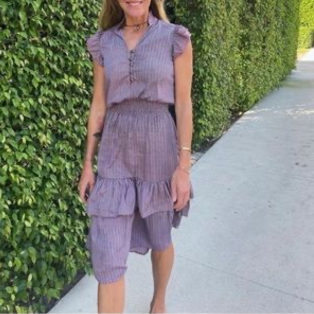 Perry Walker | Cornelia II Ruffle Sleeve Tiered Midi Dress Silk Pink/Blue Sz 6/8